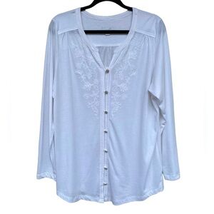 J. Jill Embroidered White Button Down Blouse SZ Large Cotton Modal Long Sleeve